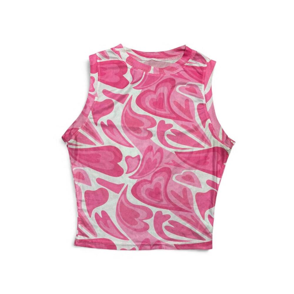 Groovy Pink Heart Pattern Semi-Sheer Mesh Halter Top Size Large Retro 70's Style